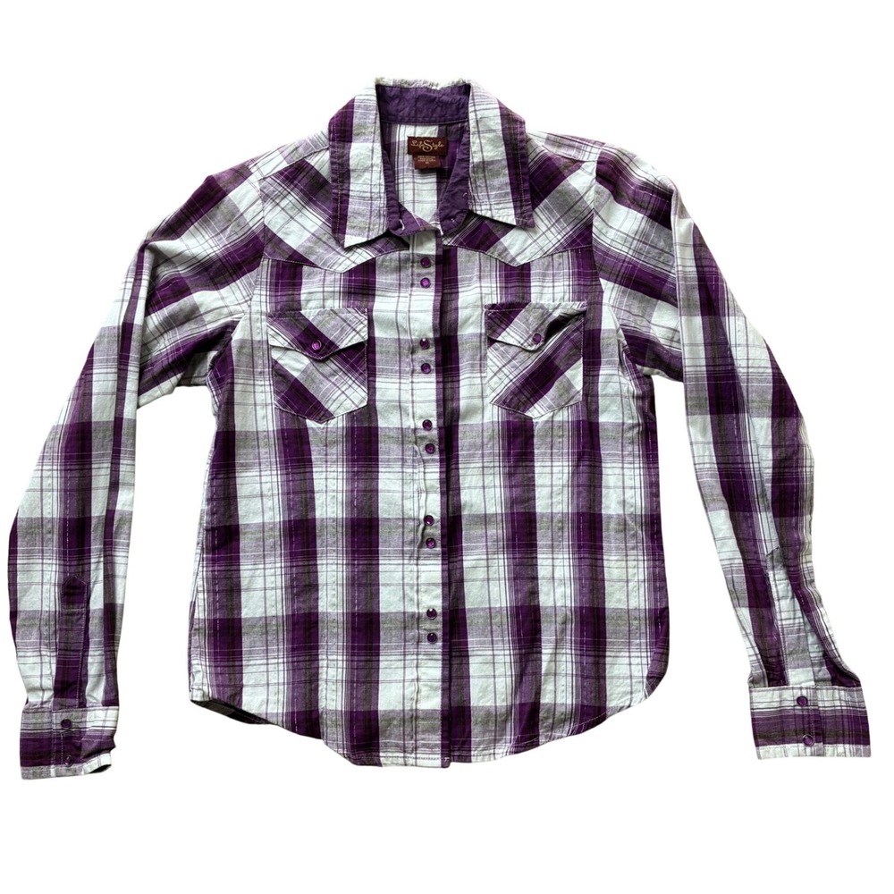 LifeStyle Womens Purple Plaid Western Snap Shirt Rhinestone Snaps Cotton Med
